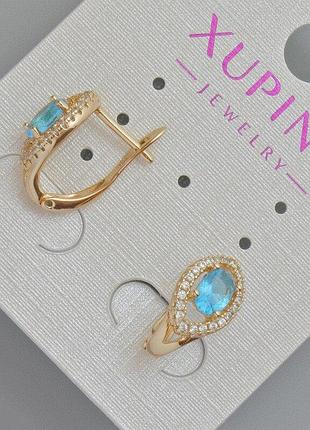 Серьги xuping с голубым кристаллом и белыми стразами d-14х7мм+- позолота 18к