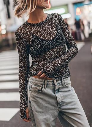 Полупрозрачный женский топ лонгслив с длинным рукавом в горошек