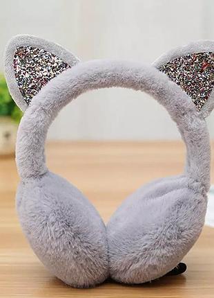 Теплые наушники детские с ушками из искусственного меха плюш серые