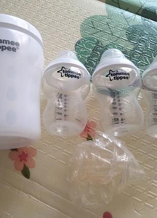 Tommee tippee комплект 3 бутылочки + стерилизатор + 2 новые запасные соски у бутылочки