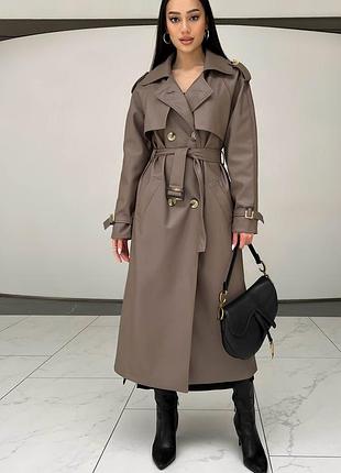 Тренч женский длинный классический демисезонный весенний осенний , из эко-кожы кожаный плащ, мокко