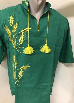 Мужская рубашка вышиванка лен зеленая короткий рукав для пары family look 42 - 60 s m xl 2xl 52 - 54 xl 2xl