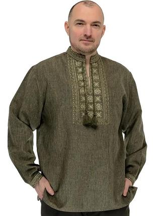 Рубашка вышиванка мужская лен для пары хаки s m l xl m