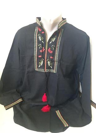 Мужская рубашка вышиванка лен черная калина для пары family look 42 - 60 l xl 50 - 52 l xl