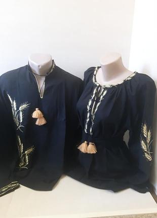 Мужская рубашка вышиванка лен черная для пары family look 42 - 66 s m l 2xl 3xl 46 - 48 m l