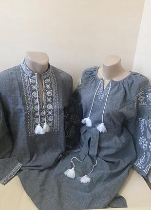 Льняная рубашка вышиванка мужская для пары серая s m l xl 2xl 3xl 4xl 54