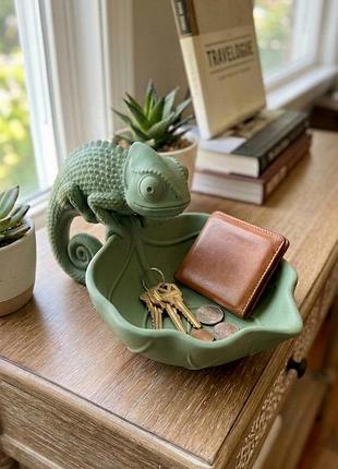 🌿 стильний тримач для прикрас та ключів хамелеон на листі 🦎 органайзер декор