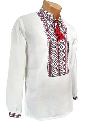 Белая домотканая рубашка вышиванка для мальчика белая вышивка 140 146 152 158 164 170 176 158, белый с красной вышивкой
