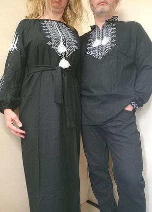 Мужская рубашка вышиванка лен черная для пары серая вышивка family look 42 - 60 s m l 50 - 52 l xl