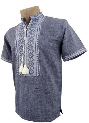 Рубашка вышиванка для мальчика льняная короткий рукав семья джинс family look 140 146 152 158 164 170 176 176, синий с белой