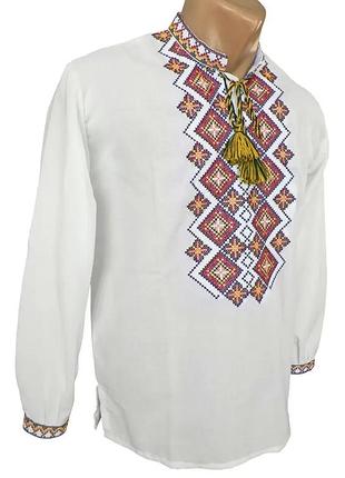 Белая домотканая рубашка вышиванка для мальчика подростка вышивка family look 146 152 158 164 170 176 152, белый с оранжевой
