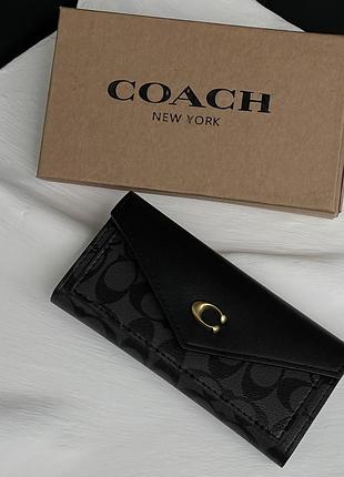 Жіночий місткий гаманець на кнопці чорний coach довге портмоне із відділами для карток в фірмовому упакуванні