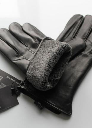 Мужские кожаные перчатки махра черные2 фото