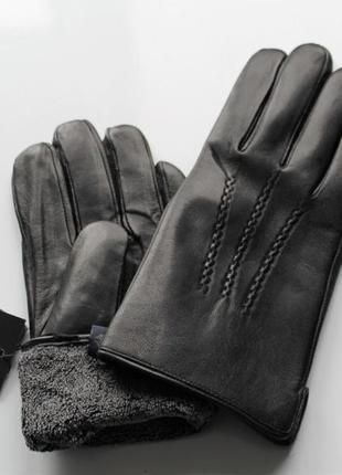 Мужские кожаные перчатки махра черные4 фото