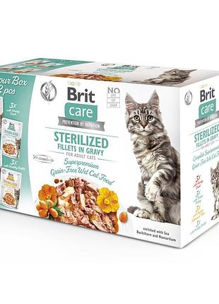 Корм вологий brit care fillets in gravy flavour box sterilized д/стерилізованих котів філе в соусі набір смаків 12 х 85 г