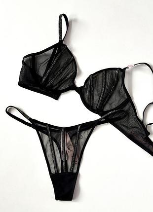 Чорний комплект сітка з камінчиками victoria’s secret