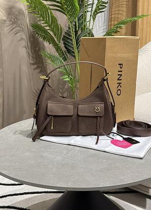 Трендова сумка pinko suede cargo shoulder bag brown/gold