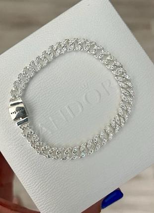 Серебряный браслет pandora кубинское плетение с паве с биркой. маркировка s925, ale, pandora размер 17см