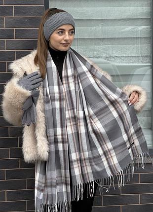 Шарф женский палантин теплый в клеточку серый cashmere
