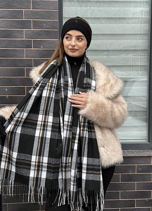 Шарф женский палантин в клеточку cashmere черно-белый