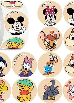 Набір дитячих наліпок disney на рулоні — 500 шт, круглі стікери з героями мультиків