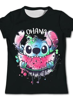 Детская футболка с принтом стич и арбуз "ohana" — черная, 98-104 см