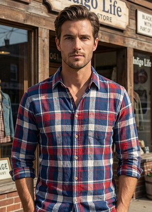 Мужская рубашка в клетку красно-синяя стильная casual / indigo life / eu 36-38 / s-m / состояние идеальний!