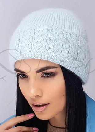 Шапка ангоровая женская круглая по голове с узором на отвороте leks кабаре небесный