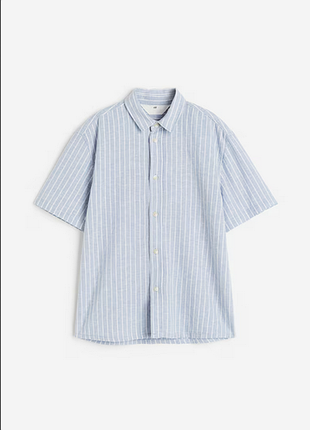 Светло-голубая, полосатая рубашка из льна от h&amp;m на 12-13 лет