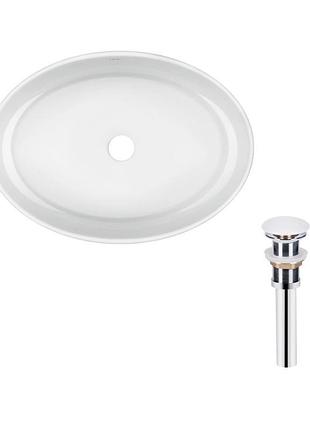 Комплект qtap kolibri: раковина накладна овальна 500x360x140 мм white + донний клапан pu02