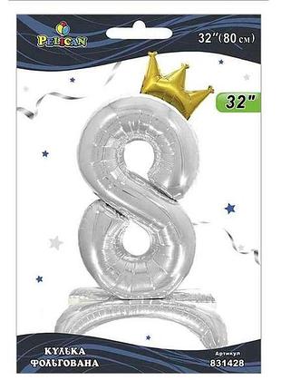 Кулька фольгована цифра 32 (80 см) з короною на підставці 8 срібло тм pelican