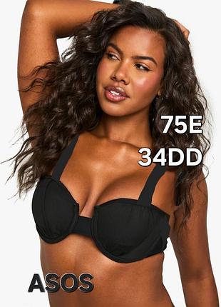 75е, 34dd, черный сексуальный купальный лиф балконет на косточках, мягкая чашка, широкие бретели asos