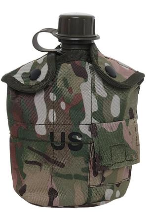 Армейская фляга для воды 1л мультикам/ военная фляга в чехле с molle/ тактическая фляга с подстаканником/