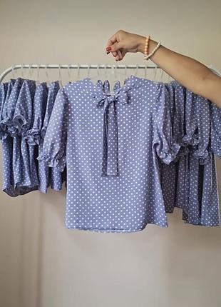 Детская нарядная блузка голубая в горошек для девочки, школьные блузки