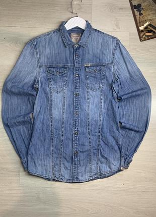 Чудова чоловіча джинсова сорочка овершот guess оригінал розмір s-m (46-48 ua) бавовна стильна неймовірна джинсова куртка сорочка