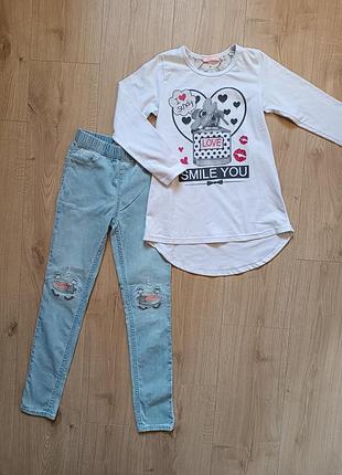 Брюки+ кофточка для девочки/ джинсовые брюки/ леггинсы h&amp;m и реглан с камушками