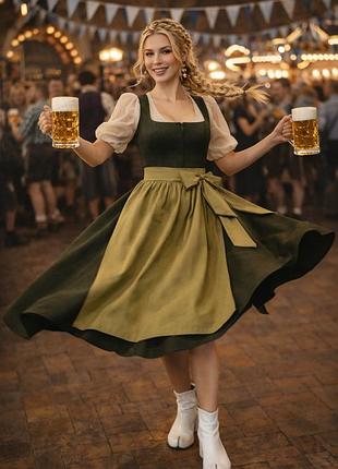 Kelliar dirndl 42 — австрійсько-баварський дірндль із фартухом, оливковий, щільна костюмна тканина