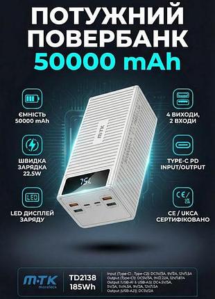 Повербанк power bank 50000mah td2138 pd22.5w qc white