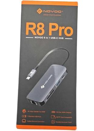 Адаптер novoo usb c до hdmi, концентратор usb c 8-в-1 до gigabit ethernet, hdmi 4k@60hz, usb a x 3, 100 вт pd, багатопортова