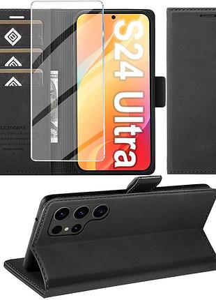 Чохол-книжка giyer samsung galaxy s24 ultra чорний pu шкіра з підставкою захисний з підсиленим склом слоти для карт rfid
