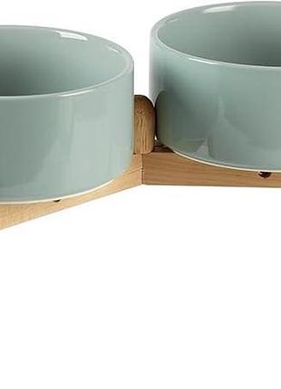 Керамические миски на деревянной подставке для собак средних пород (light green)