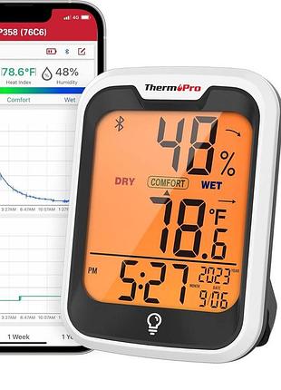 Цифровий термометр-гігрометр thermopro tp358 з bluetooth і додатком, датчик температури та вологості, радіус 80 м
