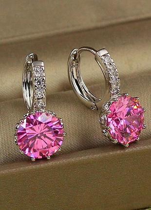 Серьги xuping jewelry с большим розовым камнем и круглой застежкой 2 см серебристые love-shopping