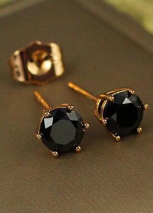 Сережки гвоздики xuping jewelry чорний фіаніт на шість кріплень 6 мм золотисті love-shopping