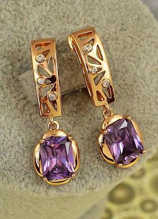 Серьги подвески xuping jewelry рифма с фиолетовым камнем 3 см золотистые love-shopping
