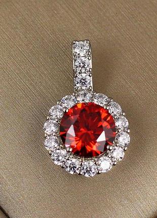 Кулон xuping jewelry круглий червоний камінь в обідку з фіанітів 2.3 см сріблястий love-shopping