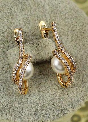 Серьги xuping jewelry ветер с жемчугом 2,3 см золотистые love-shopping