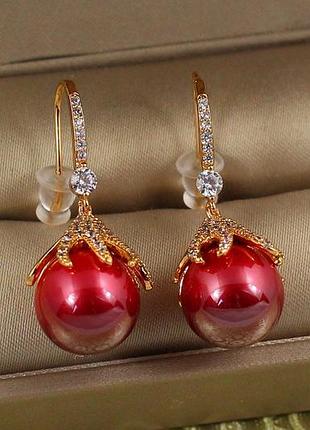 Сережки xuping jewelry ліщина з червоною перлиною 3,3 см золотисті love-shopping