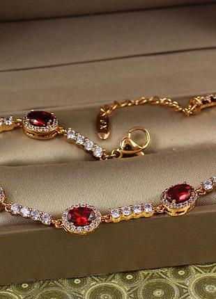 Браслет xuping jewelry малинки с красными камнями на дорожке 17,5 см 7 мм золотистый love-shopping
