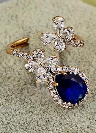 Кольцо xuping jewelry марсель с синим камнем раздвижное р 18 золотистое love-shopping